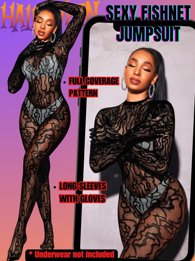 EHSUYAB Women Sexy Fishnet Full Bodysuit, Mesh Lace Poster Jumpsuit Glow Party Rave Outfits, Body Stockings Halloween Costume - Image 2
